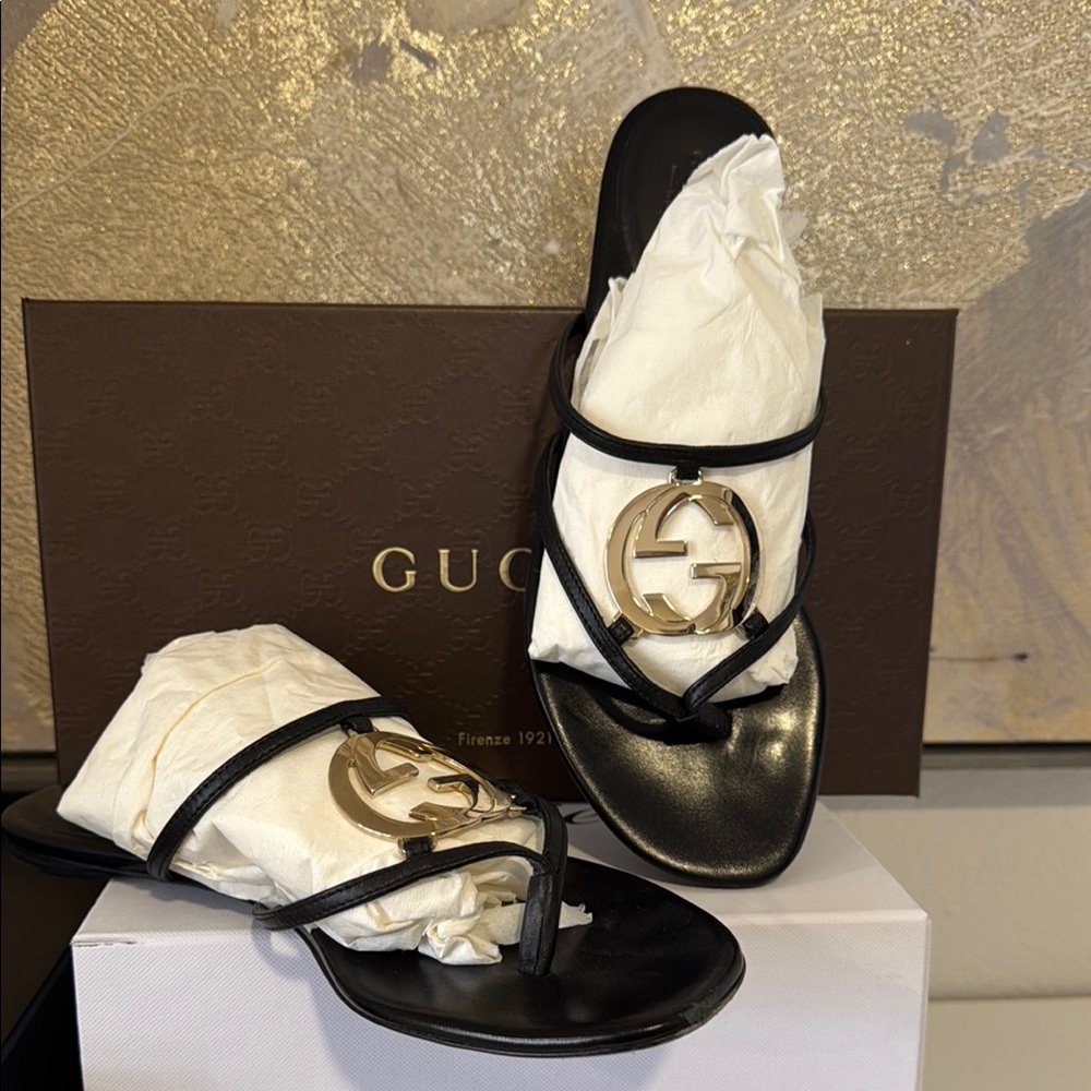 Gucci Black Sandals with Gold Accent